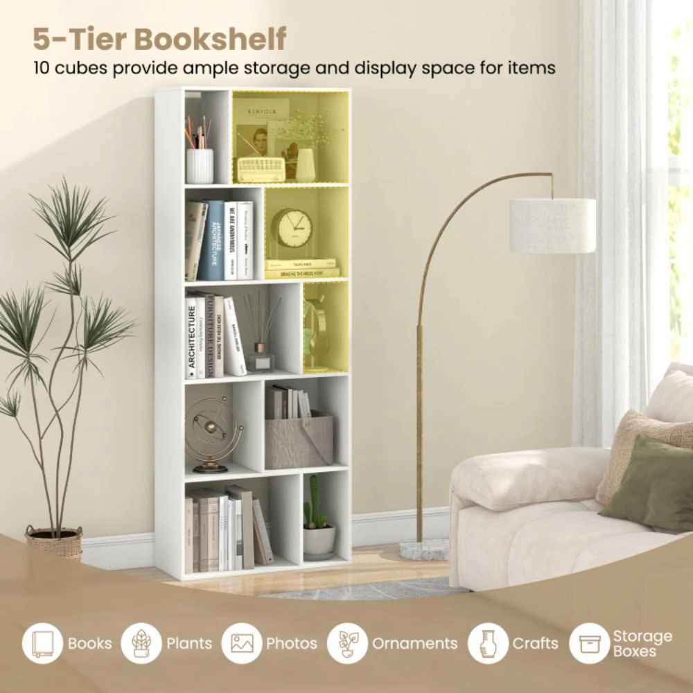 Hivvago 63 Inch 5-Tier Geometric 10-Cube Bookshelf Tall Bookcase-White