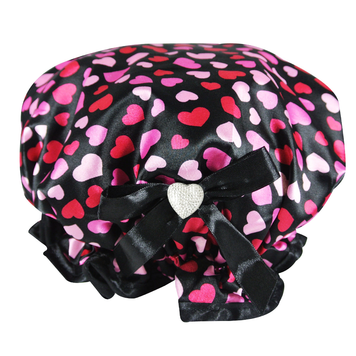 Wrapables Women's Stylish Satin Shower Cap, Hearts & Black Bow