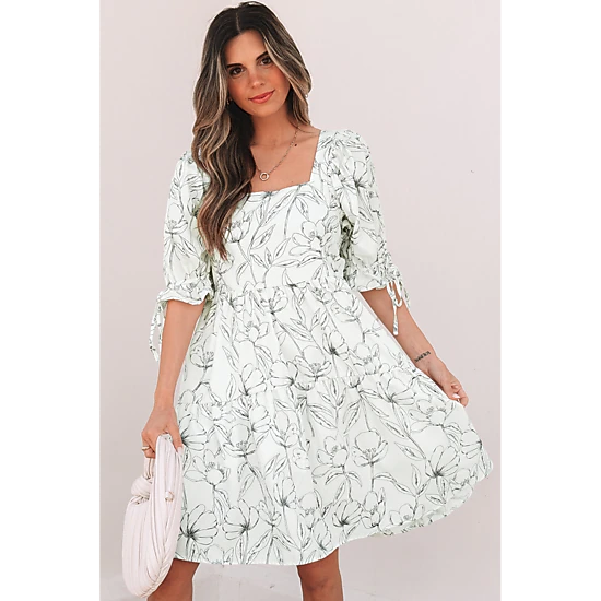 Threaded Pear Women's Ariya Floral Shirred Back Puff Sleeve Dress