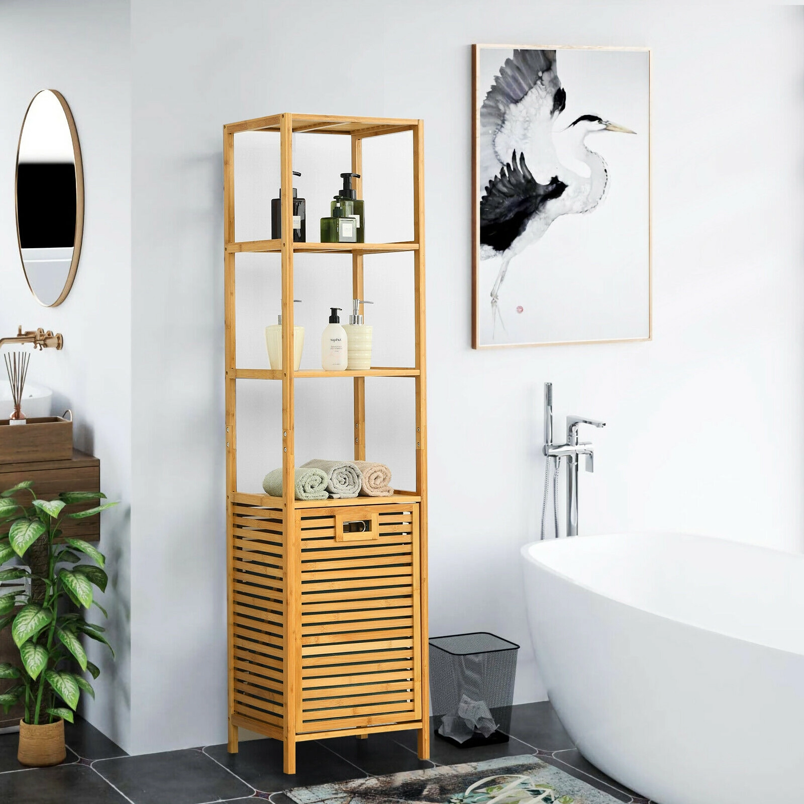 Glintex Bamboo Hamper Tower with Tilt-Out Bin and 3 Storage Shelves, Natural