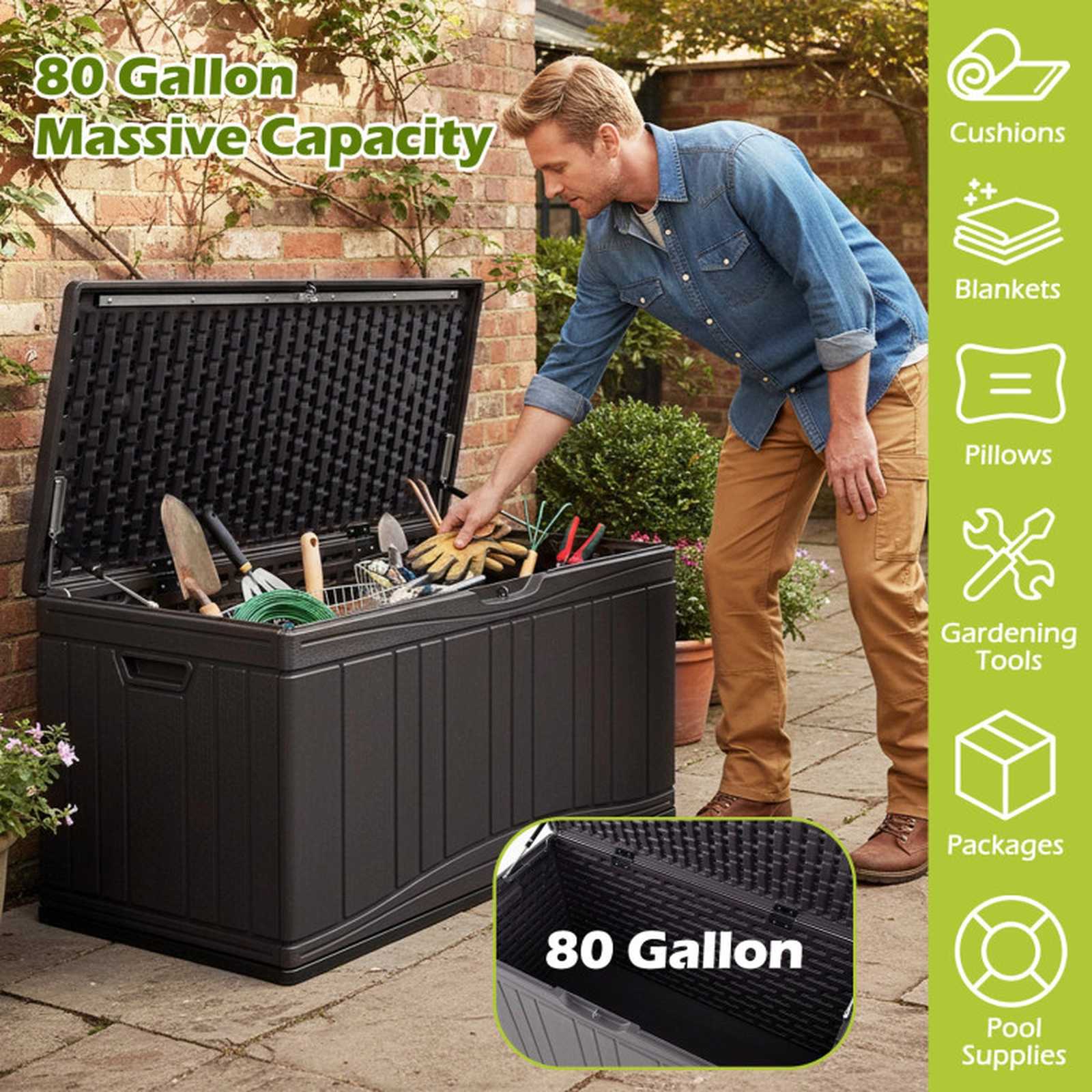 SUGIFT 80-Gallon Honeycomb Structure Lockable HDPE Outdoor Deck Storage Box 45-in x 22-in x 24-in 330-lb Brown
