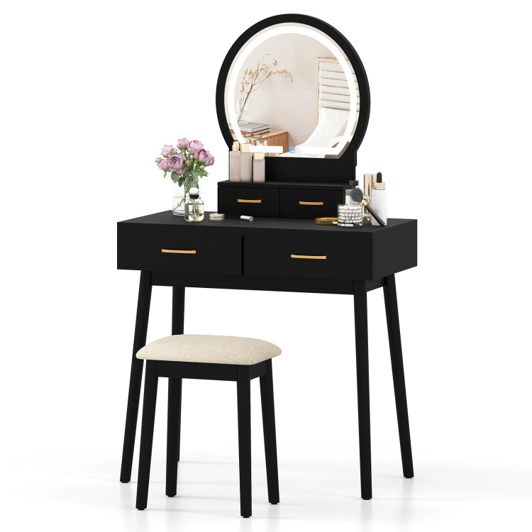Hivvago Small Vanity Makeup Dressing Table Set With Cushioned Stool And Led Lighted Mirror