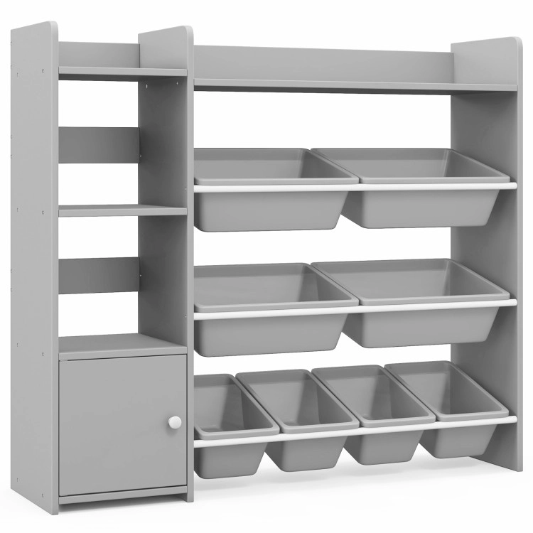 Hivvago 4-Tier Kids Bookshelf and Toy Storage Rack with 8 Toy Organizer Bins-Grey