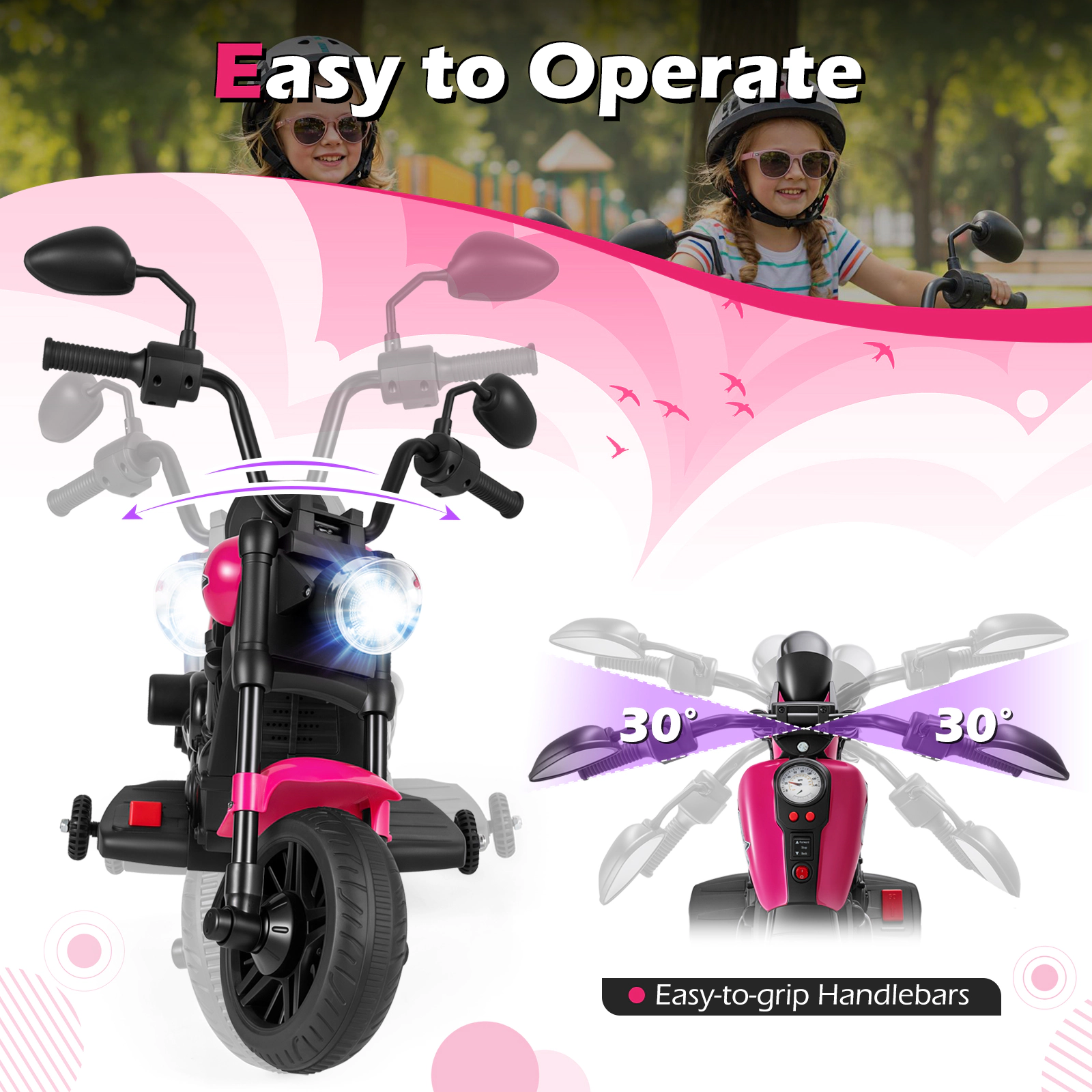 6V Kids Motorcycle Trike Swiveling Front Detachable Training Wheels Backrest Seat and Bright Headlight 18 Months+ Pink