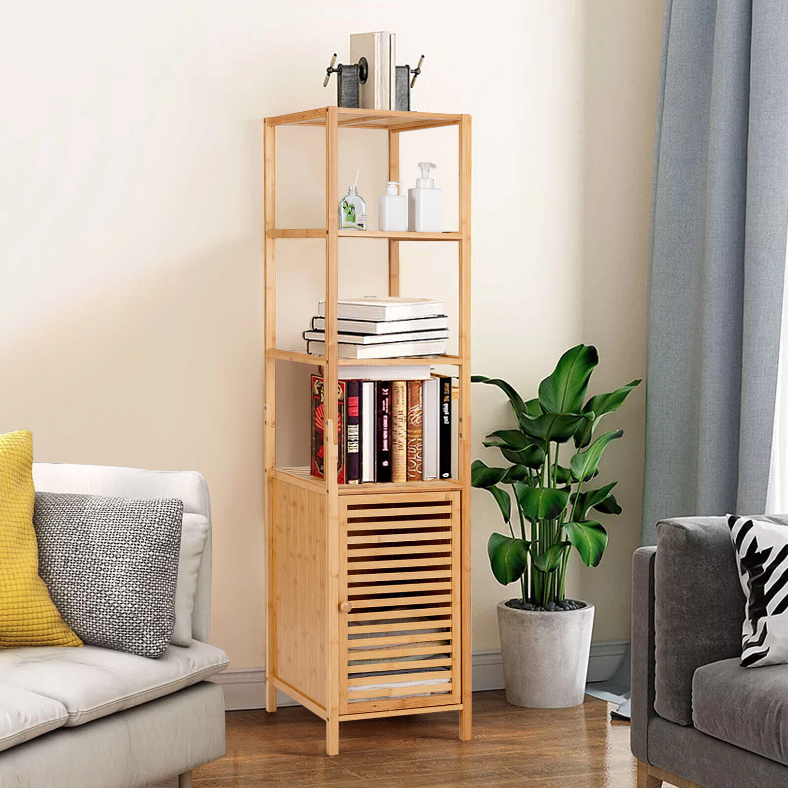 Slickblue Tall Bathroom Floor Cabinet Natural Wicker Open Shelves Shutter Door Storage