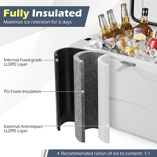 SUGIFT 45 Quart Portable Hard Cooler Insulated Ice Chest 440-lb Top Load Capacity 6-Day Ice Retention White