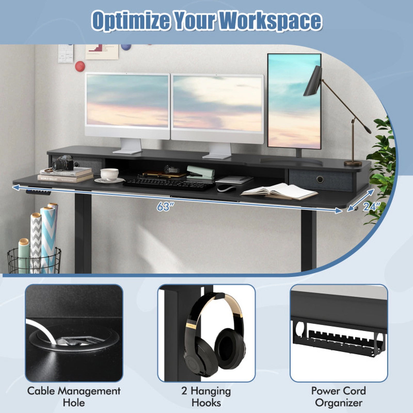 SUGIFT 63-in Black Large Electric Sit Stand Gaming Standing Desk with Dual Monitor Shelf and 2 Drawers