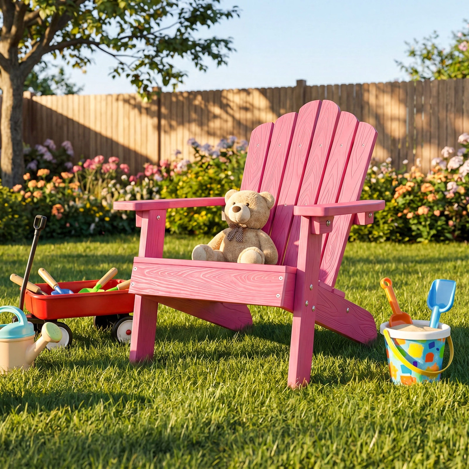 Kids Adirondack Chair All-Weather HIPS Plastic Outdoor Patio Lounge Chair with Tilted High Backrest and Wide Pink