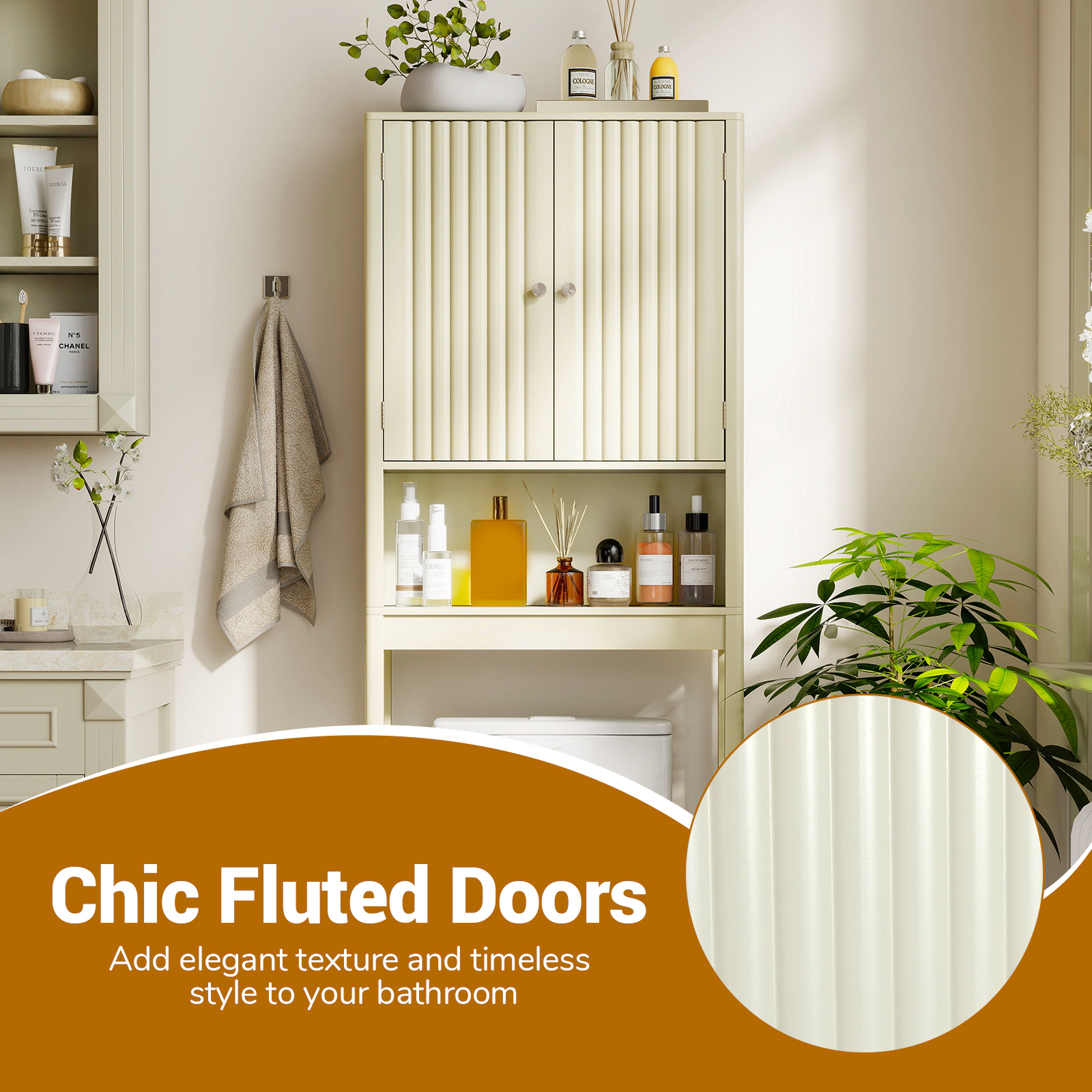 Slickblue Over The Toilet Bathroom Storage Cabinet with Fluted Doors and Adjustable Shelf