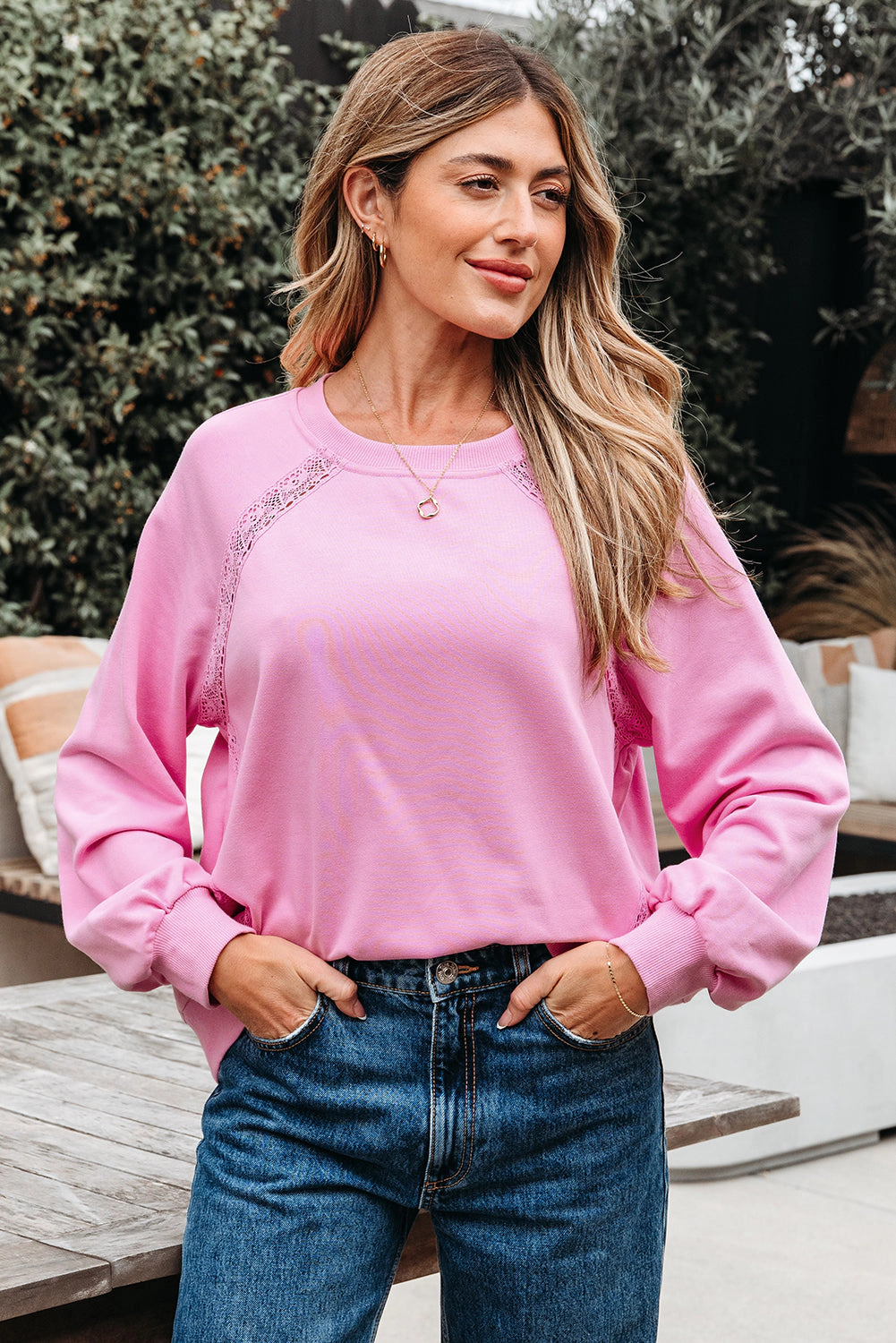 Threaded Pear Women's Lilah Lace Patched Raglan Sleeve Loose Fit Sweatshirt