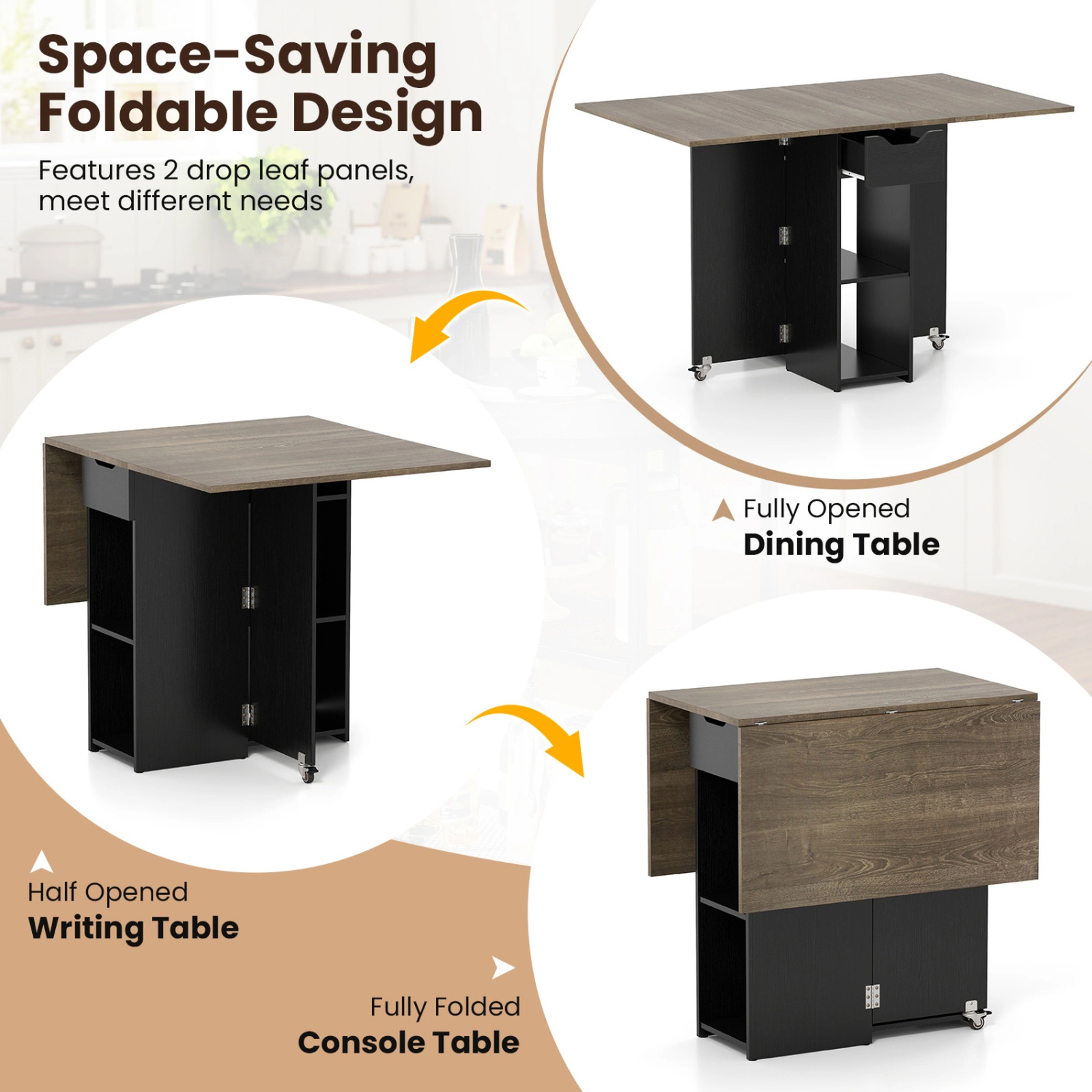 SUGIFT 47.5-Inch Oak Drop-Leaf Dining Table with Drawer, Shelves and Lockable Wheels