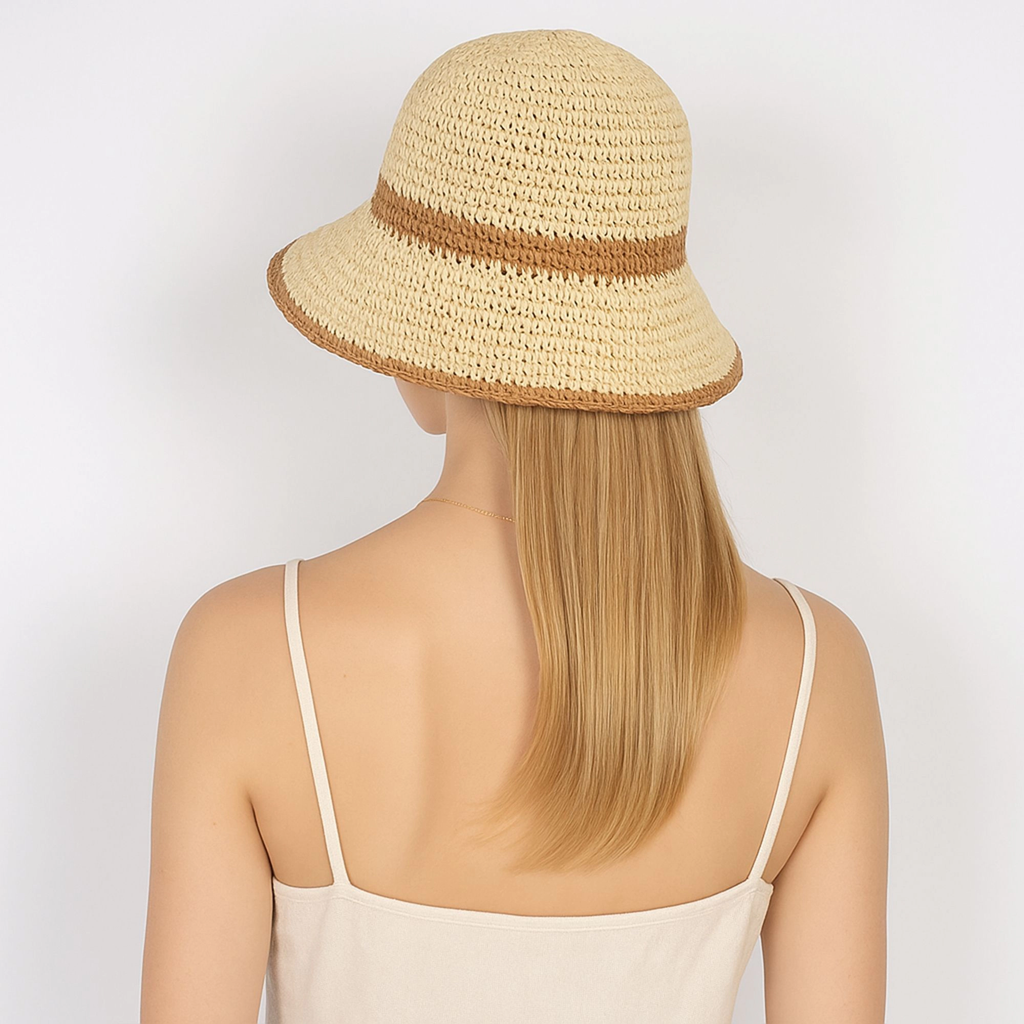Anna-Kaci Women's Packable Crochet Straw Bucket Hat with Two-Tone Design Lightweight Summer Sun