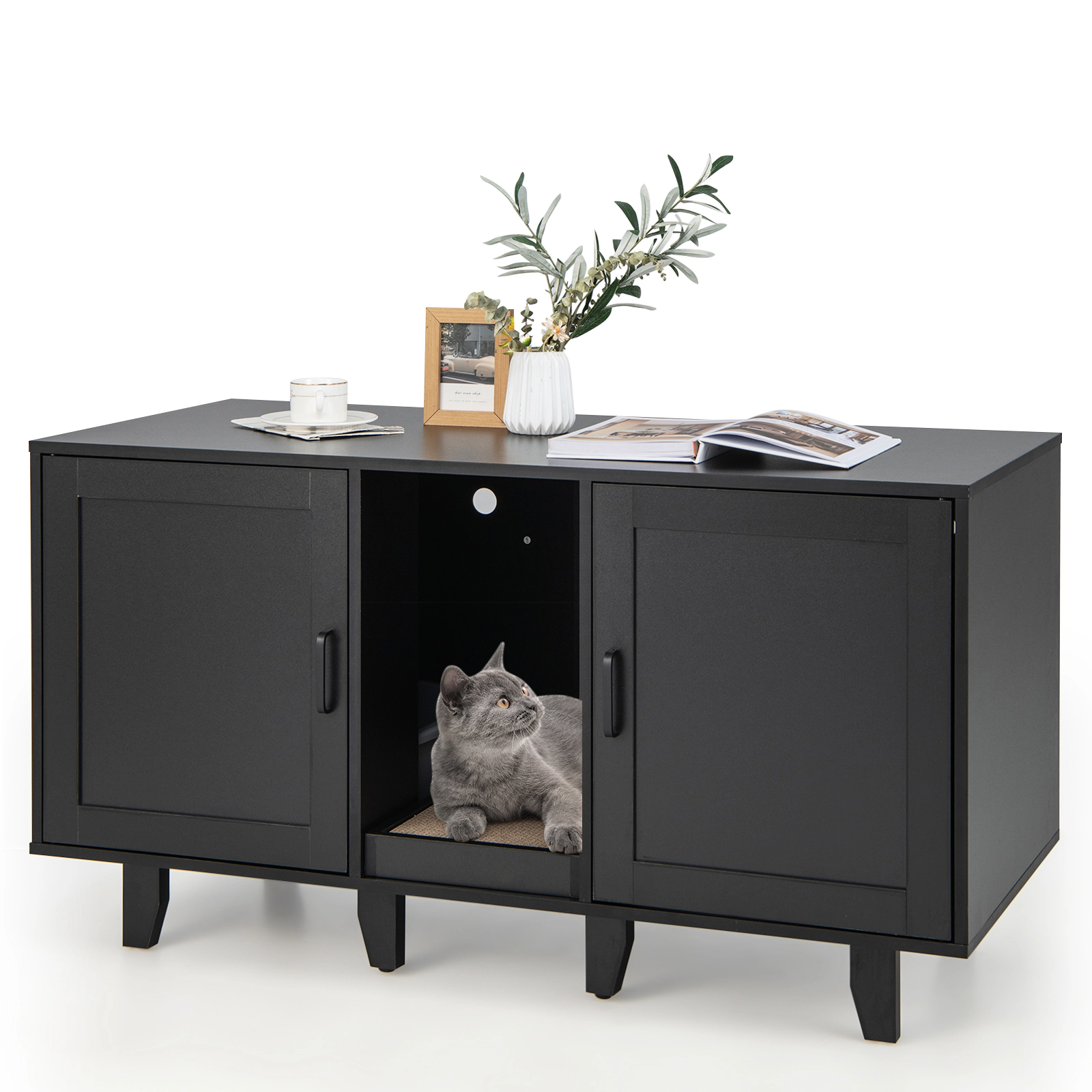 SUGIFT Patented 2-Door Cat Litter Box Enclosure with Winding Entry and Scratching Board 44-lb Tabletop Capacity