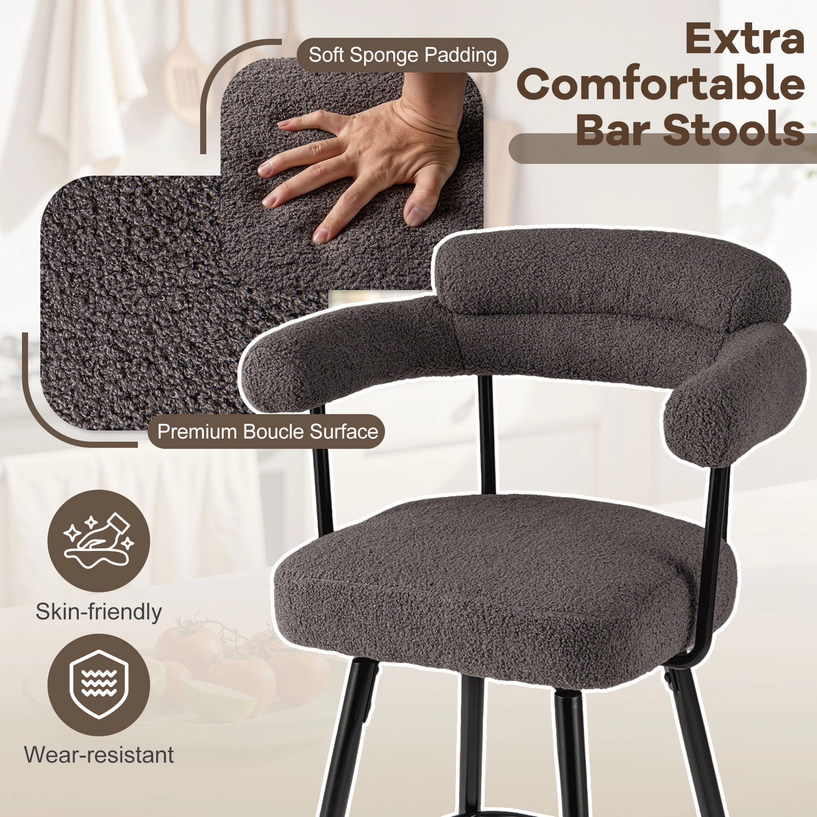 SUGIFT Boucle Swivel Counter Height Bar Stool Chairs with Curved Back and Arms 330-lb Capacity Set of 2 Gray