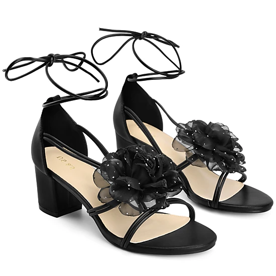 BLISSFUL STEP Women's Flowers Rhinestone Strappy Lace Up Chunky Heel Sandals