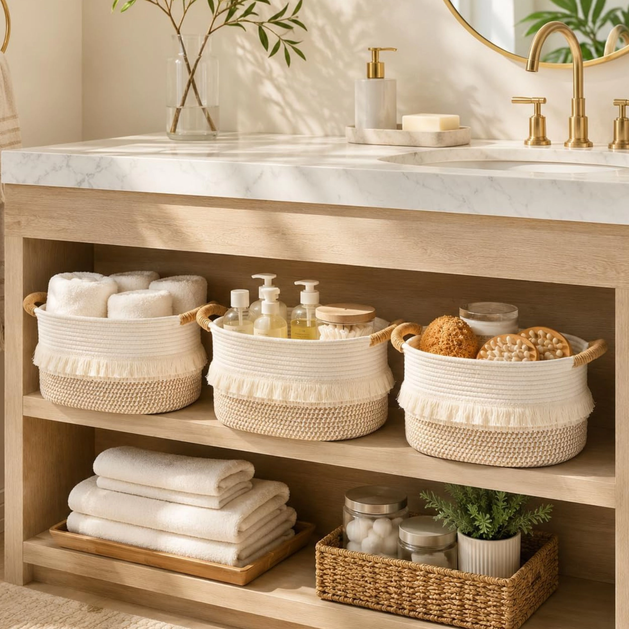 Stock Preferred Pack of 3 Boho Cotton Rope Woven Storage Baskets for Shelves