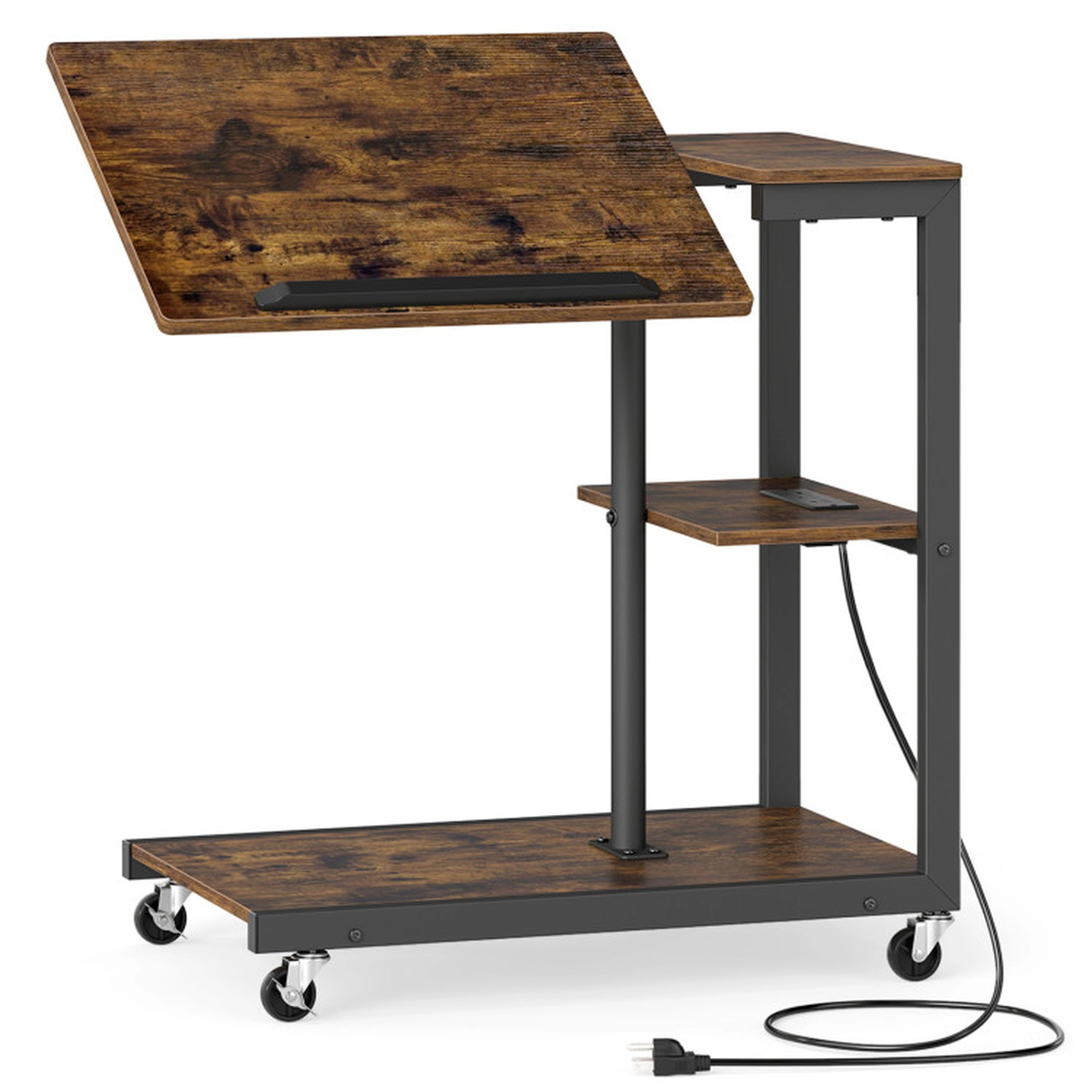 SUGIFT 3-Tier Mobile Couch Side Table with Tiltable Tabletop 44-lb Tabletop Capacity 26-32.5 in Height Rustic Brown