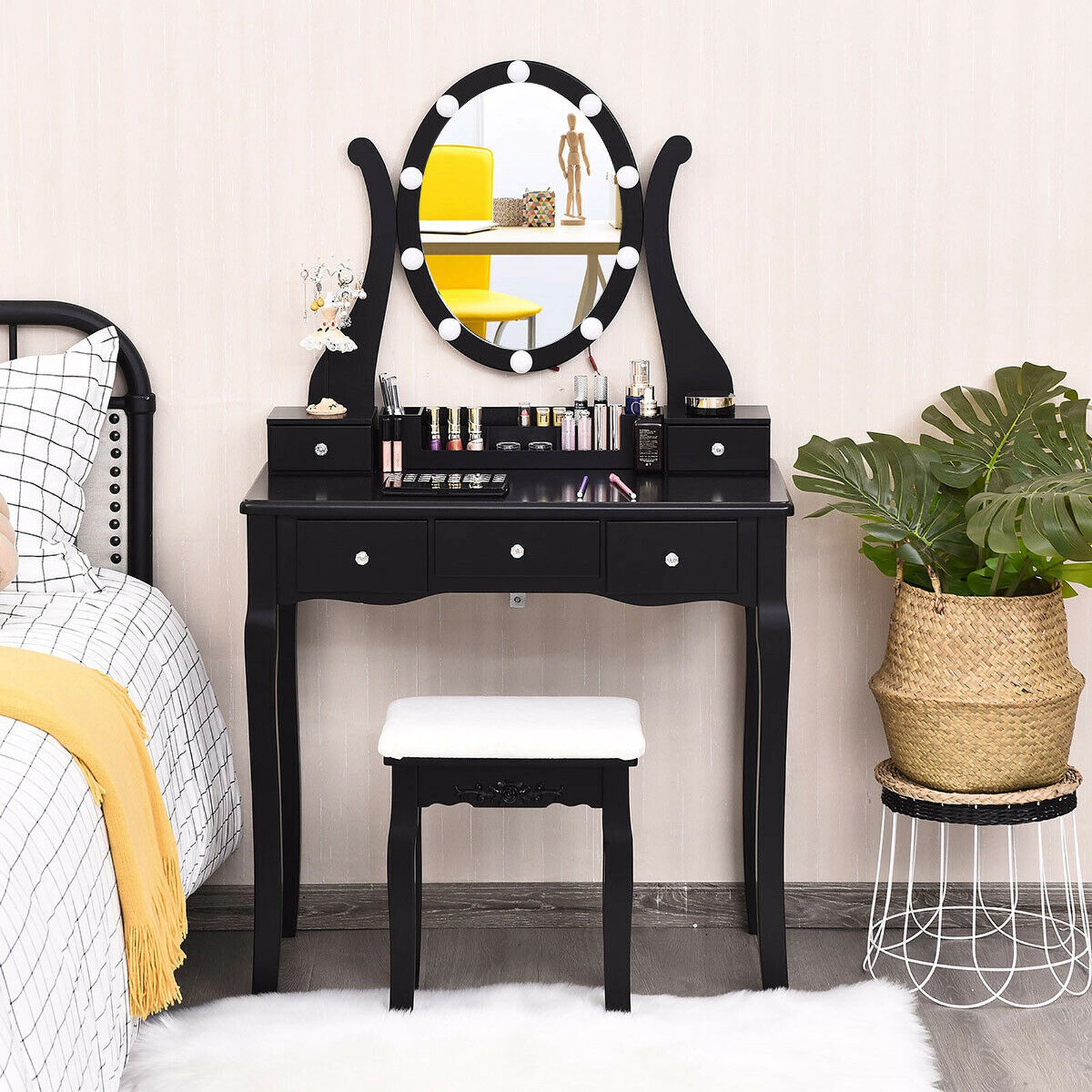 SUGIFT 10 Dimmable Lights Vanity Table Set with Lighted Mirror and Cushioned Stool 287-lb Table Capacity Black