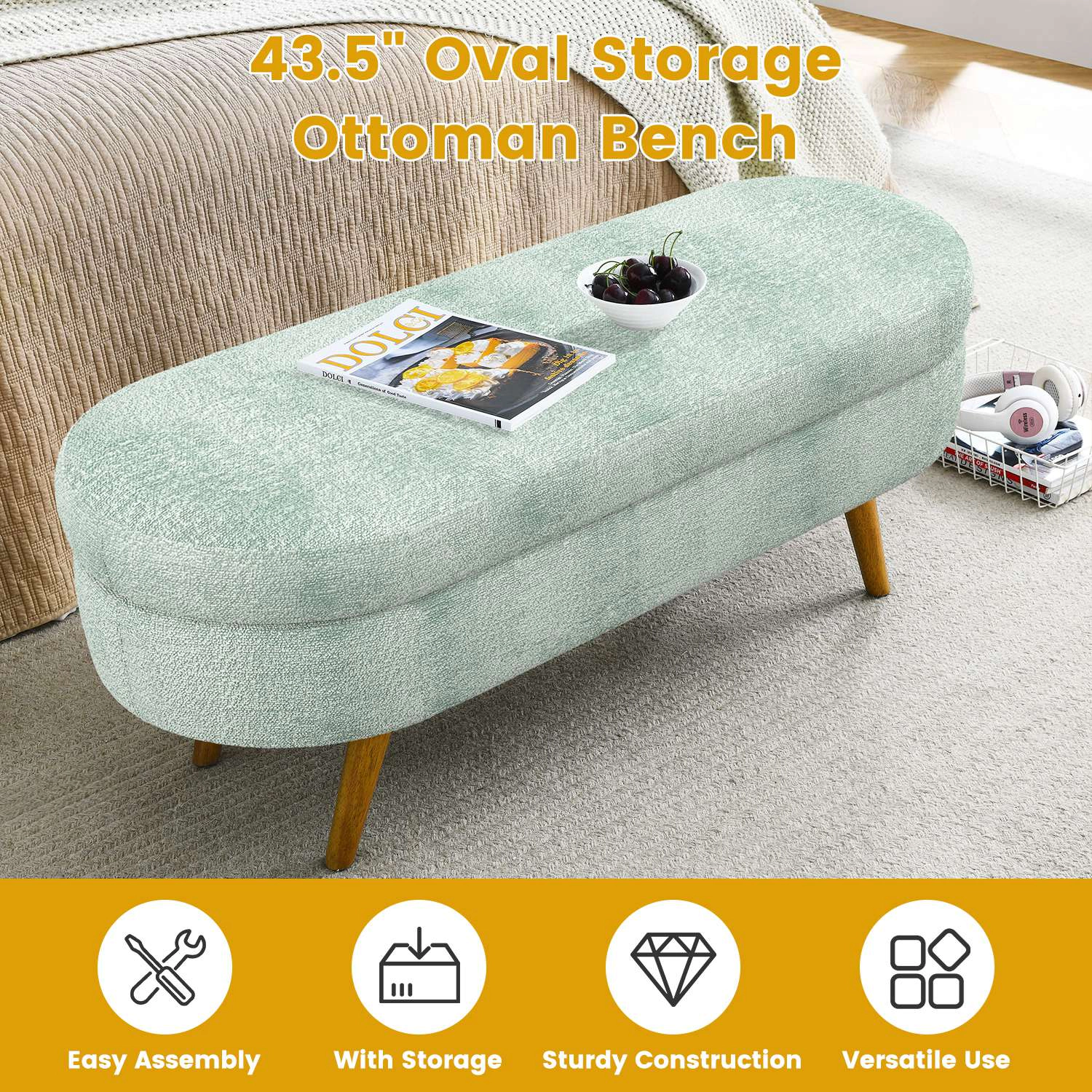 GBruno Oval Storage Ottoman Bench With Rubberwood Legs