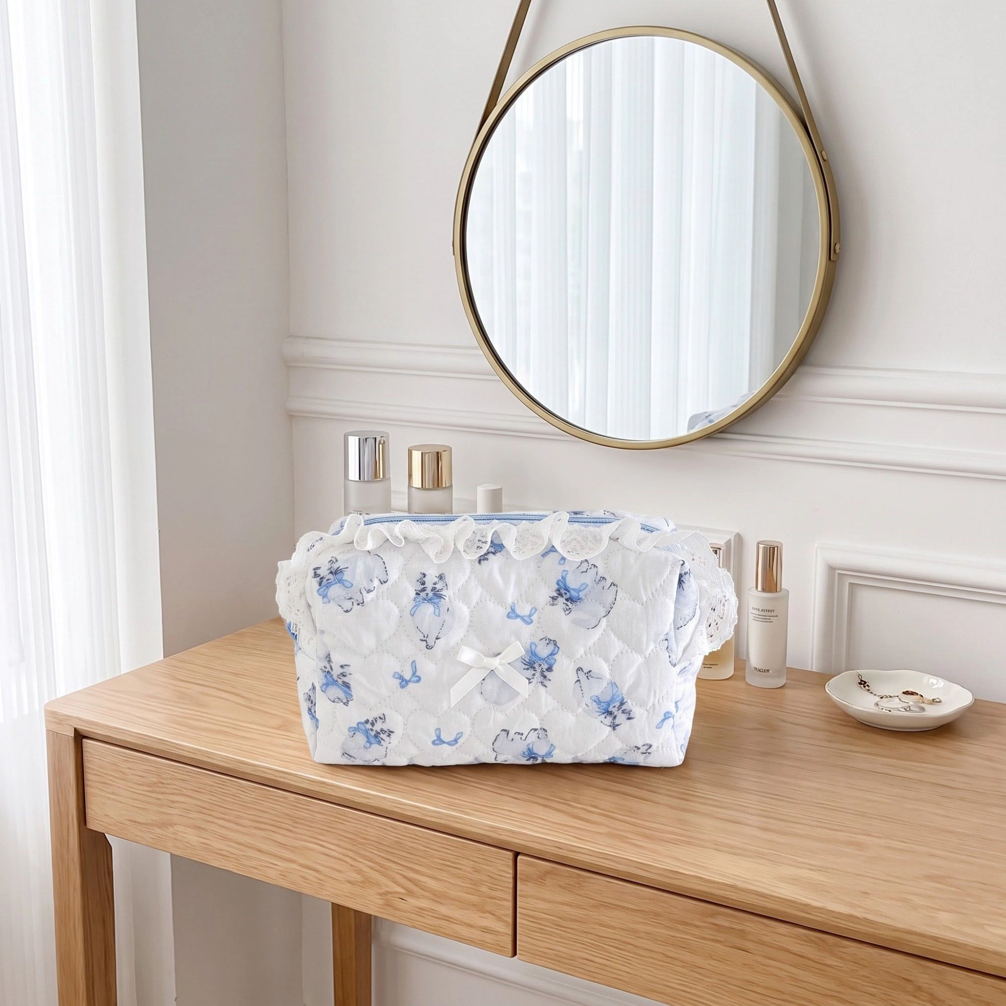 Alilang Women Quilted Ruffle Makeup Bag with Blue Print Cosmetic Pouch