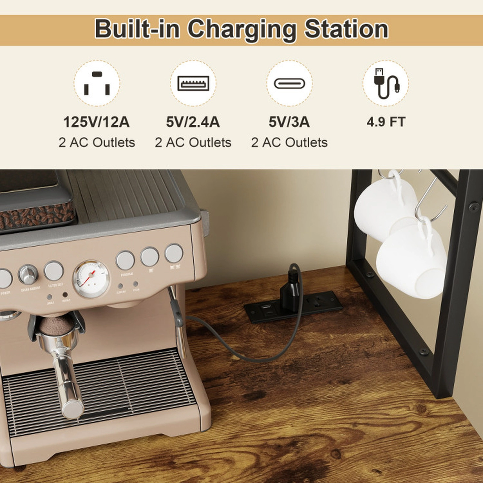 SUGIFT LED-Lit Sideboard Buffet Cabinet with Charging Station 88-lb Tabletop Rustic Brown