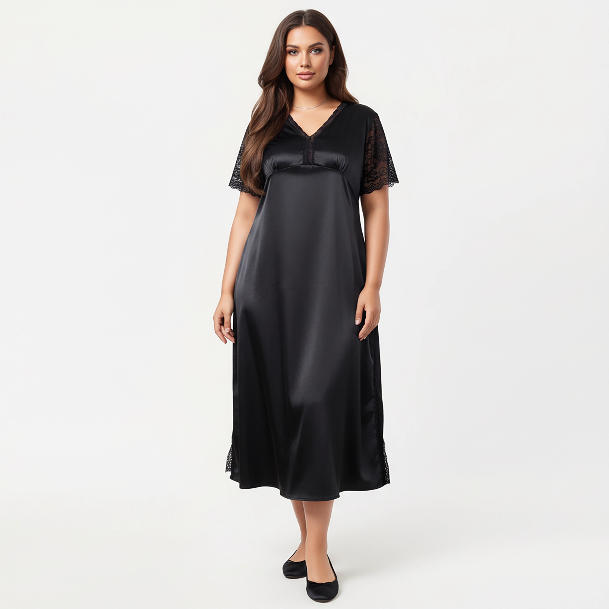 Anna-Kaci Women's Plus Satin Nightdress with Lace Trim Sleeves and High Side Slit Featuring Soft Draping Fabric