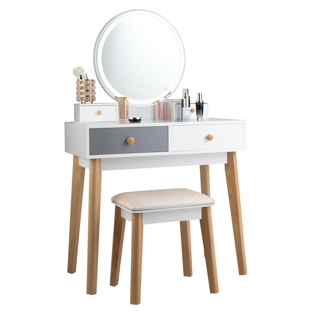 SUGIFT White 4 Drawers 19 Inch Lighted Round Mirror and Stool Makeup Dressing Table Set