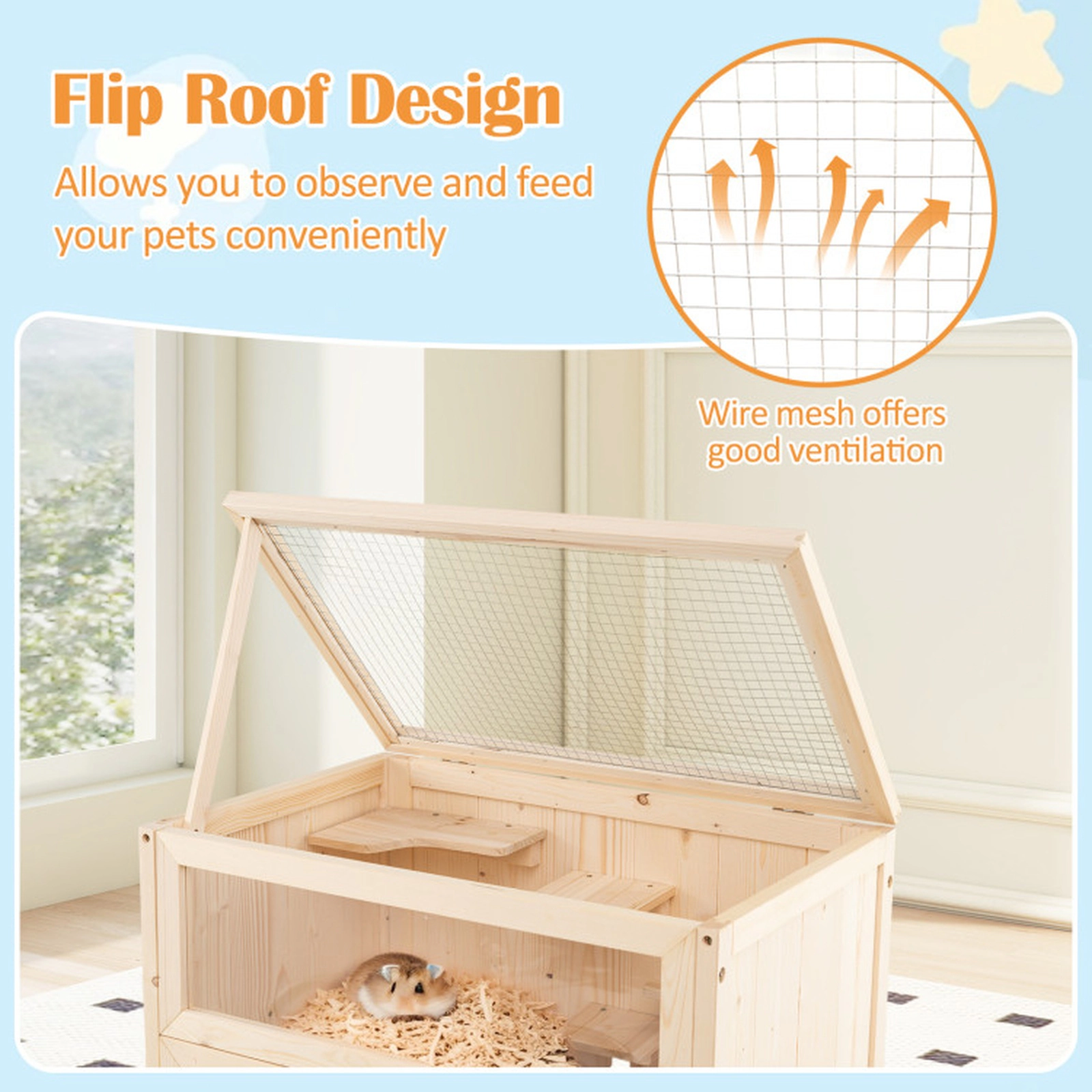 SUGIFT Natural Flip-Up Roof 31.5-in Freestanding Wooden Hamster Cage Small Pet Habitat