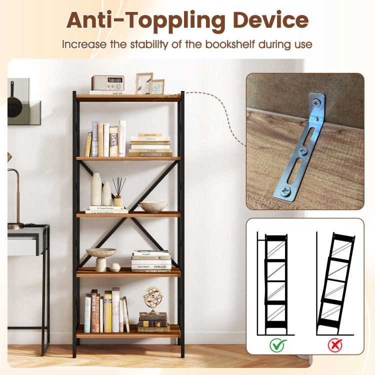 Hivvago 5-Tier Tall Bookshelf Industrial Bookcase with Heavy-Duty Metal Frame Modern Storage