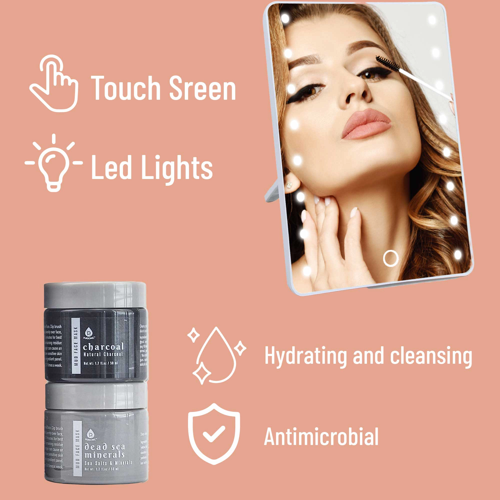 Pursonic Women's Touchscreen LED Vanity Mirror and Luxurious Gel & Mud Face Mask Set