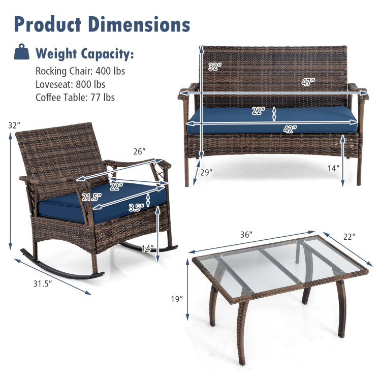 Hivvago 4 Pieces Wicker Rocking Set With Bungee Rope Seat For Porch Yard-Navy