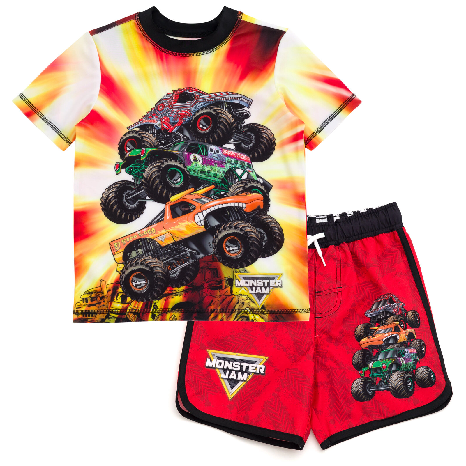 Monster Jam Boys' UPF 50+ 2-Piece Rash Guard and Swim Trunks Set