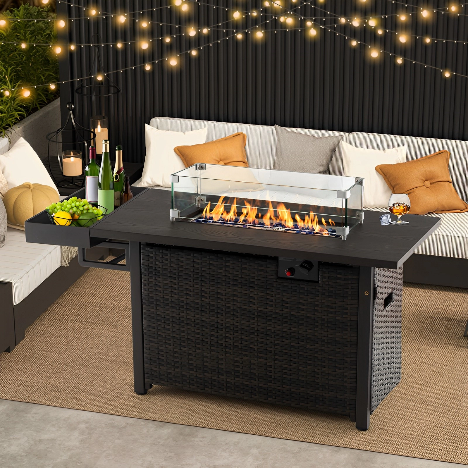 SUGIFT 52-Inch 50,000 BTU Brown Wicker Propane Fire Pit Table with Removable Lid, Wind Guard and Side Shelf