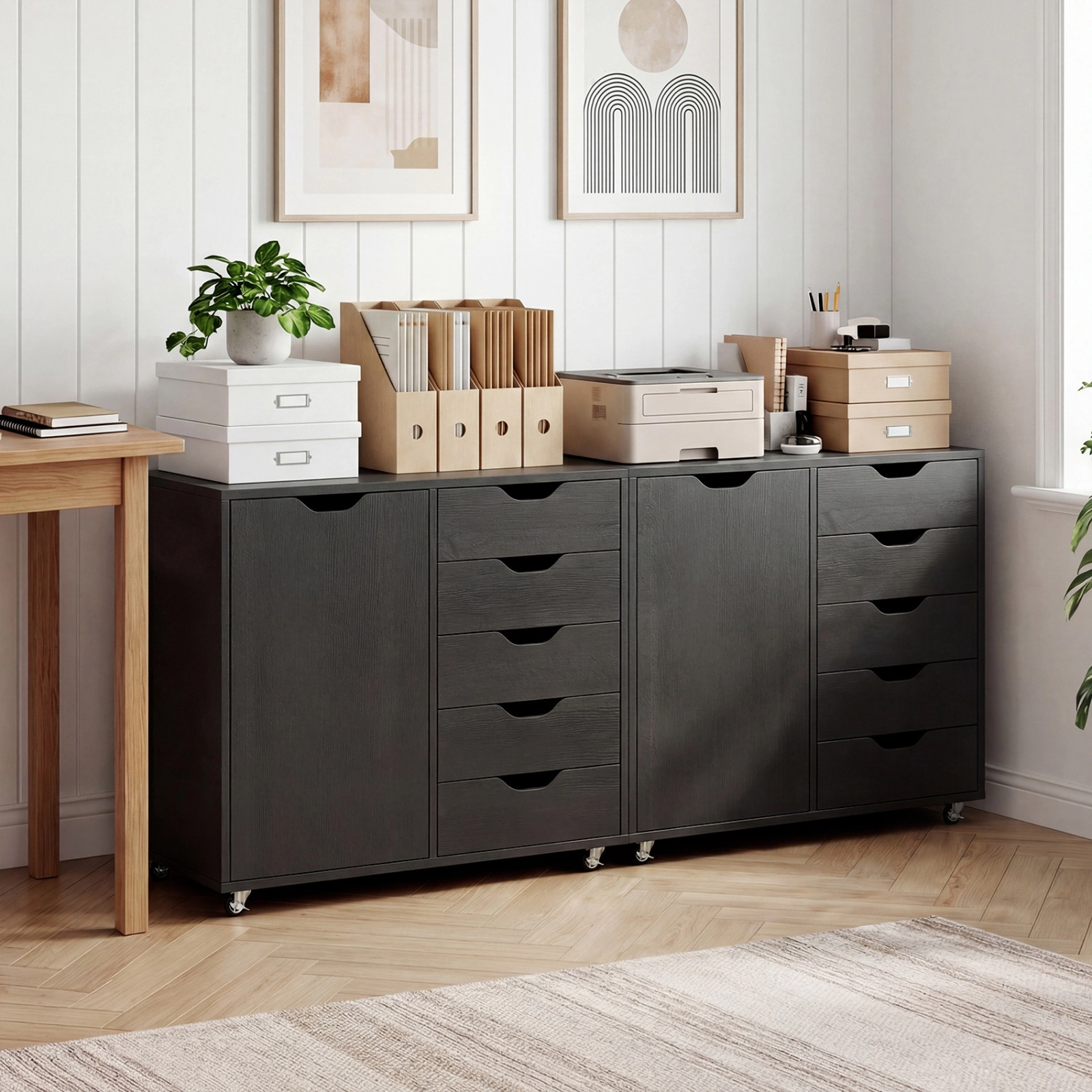 SUGIFT Black 5-Drawer Rolling Printer Stand with Side Storage Cabinet Under Desk Mobile File Cart
