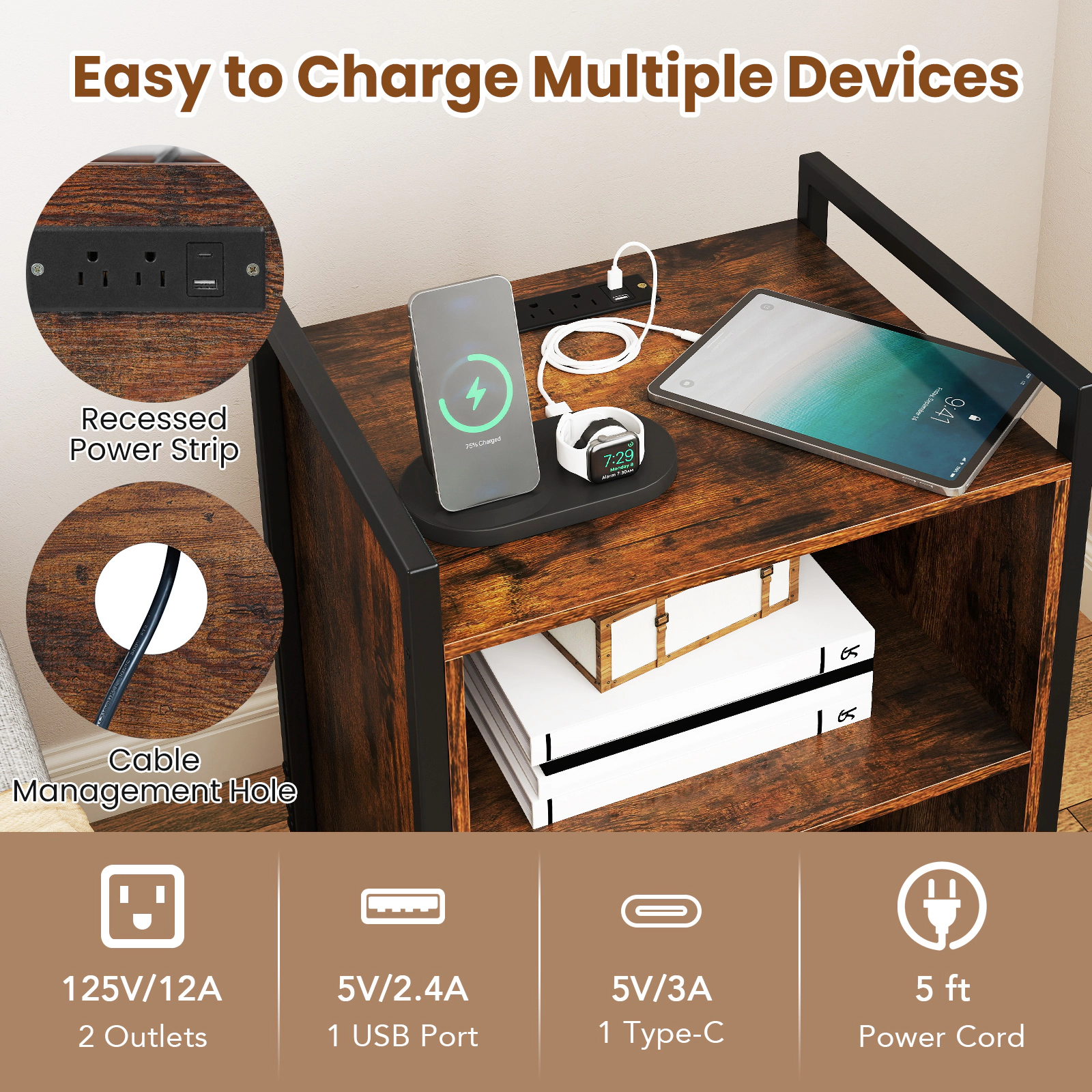 Glintex Mobile Record Player Stand with Side Handrails Charging Ports and Brakes, Rustic Brown