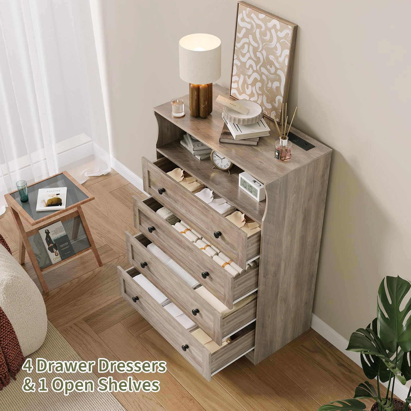 45.2" Tall 4 Drawer Dresser with LED Shelf & Charging Station, Wood Storage Chest