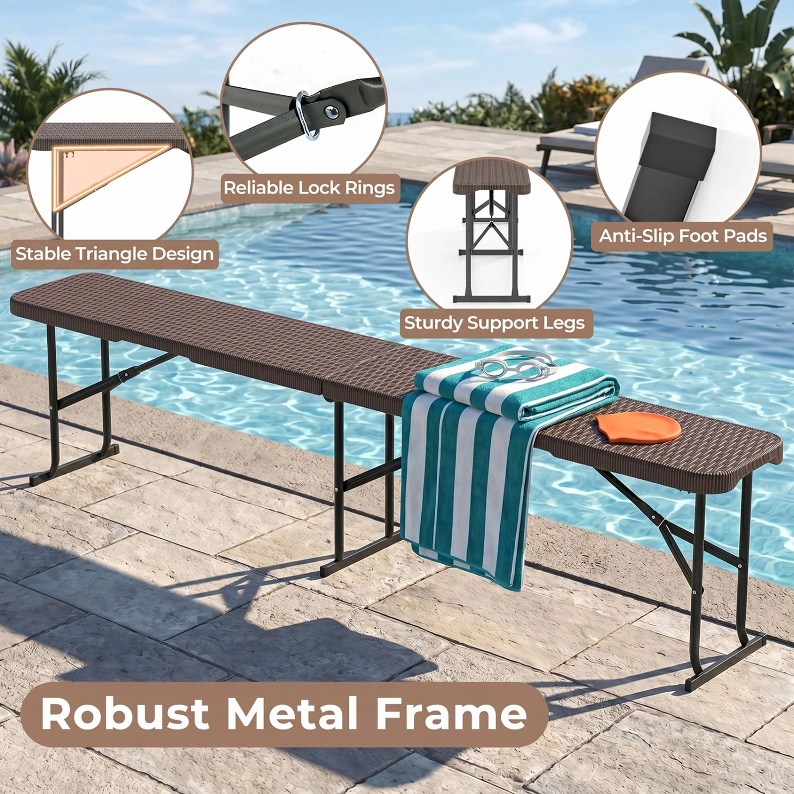 SUGIFT 6-Ft Folding Bench, 660-Lb Capacity, 1.6-In HDPE Seat, Metal Legs, Brown