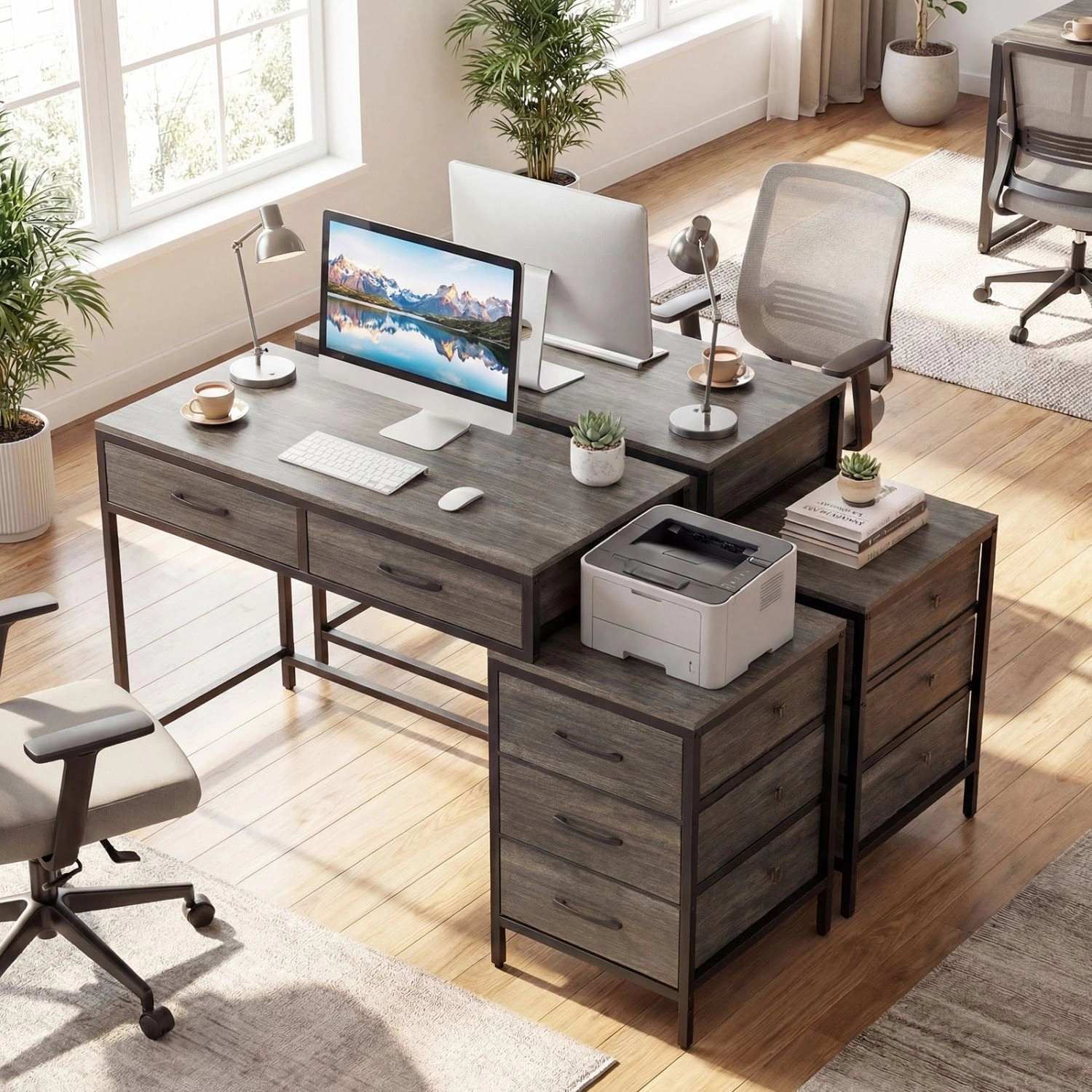 SlickBlue Computer Desk with 5 Drawers and Printer Stand