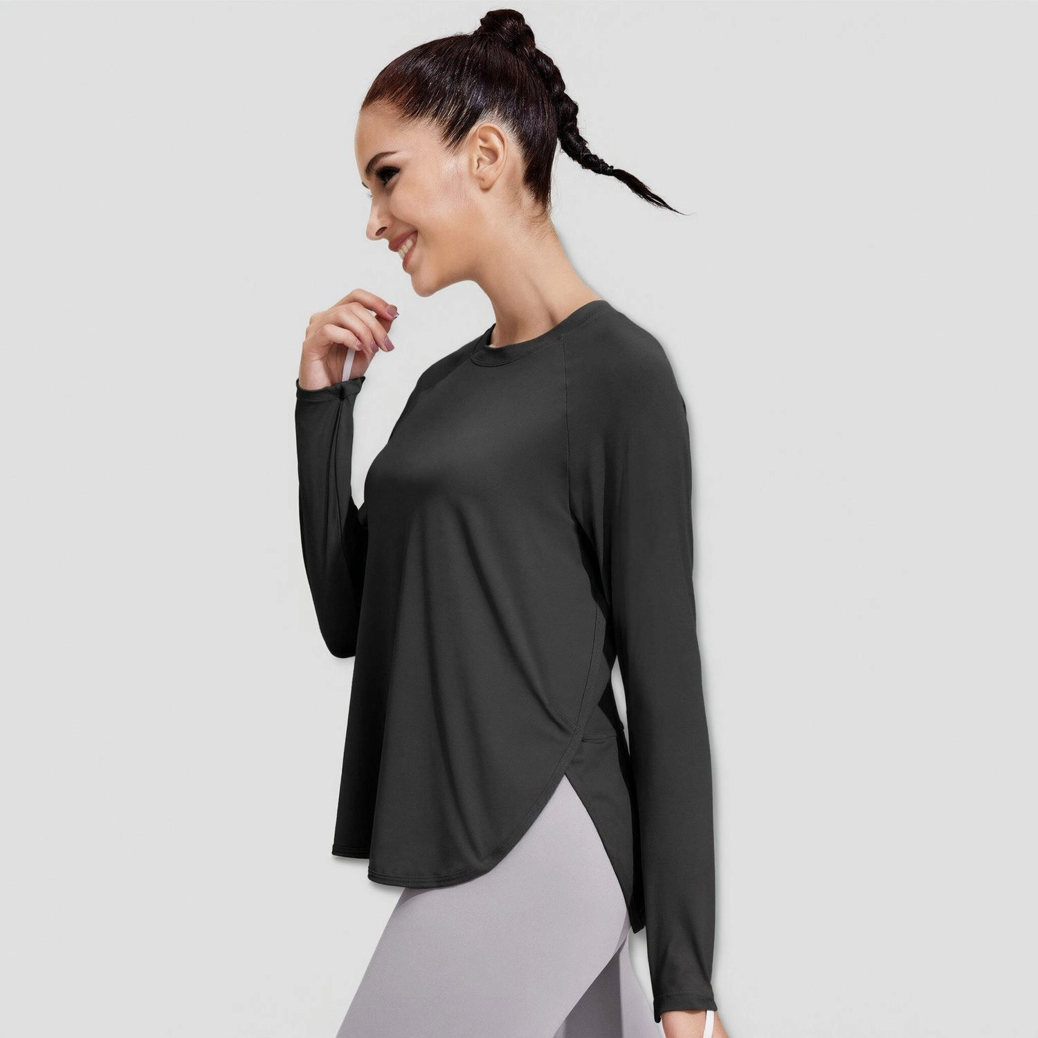 Pinspark Womens Long Sleeve Workout Tops Crew Neck Side Split Loose Casual Tunics