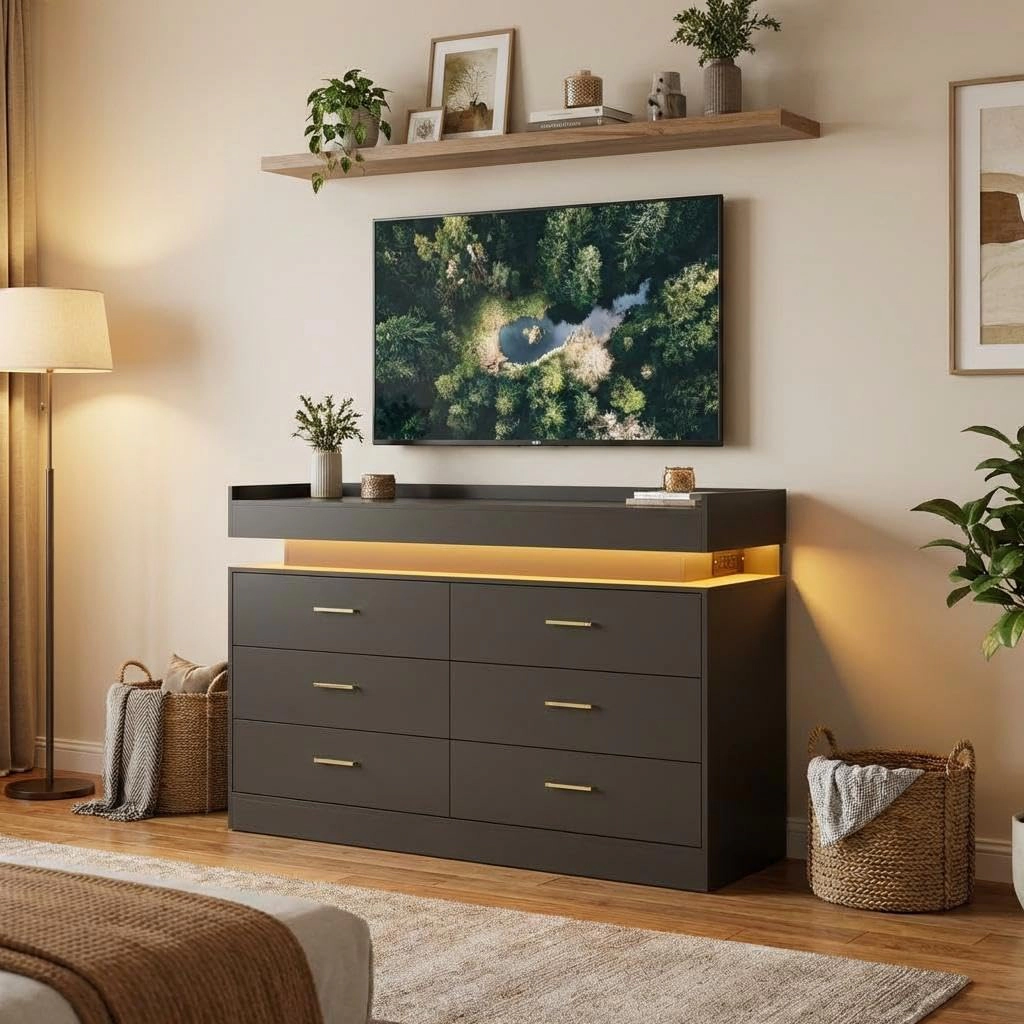 Modern TV Stand Dresser with LED Lights & Charging Station, Floating Top Sideboard Cabinet 6 Drawers