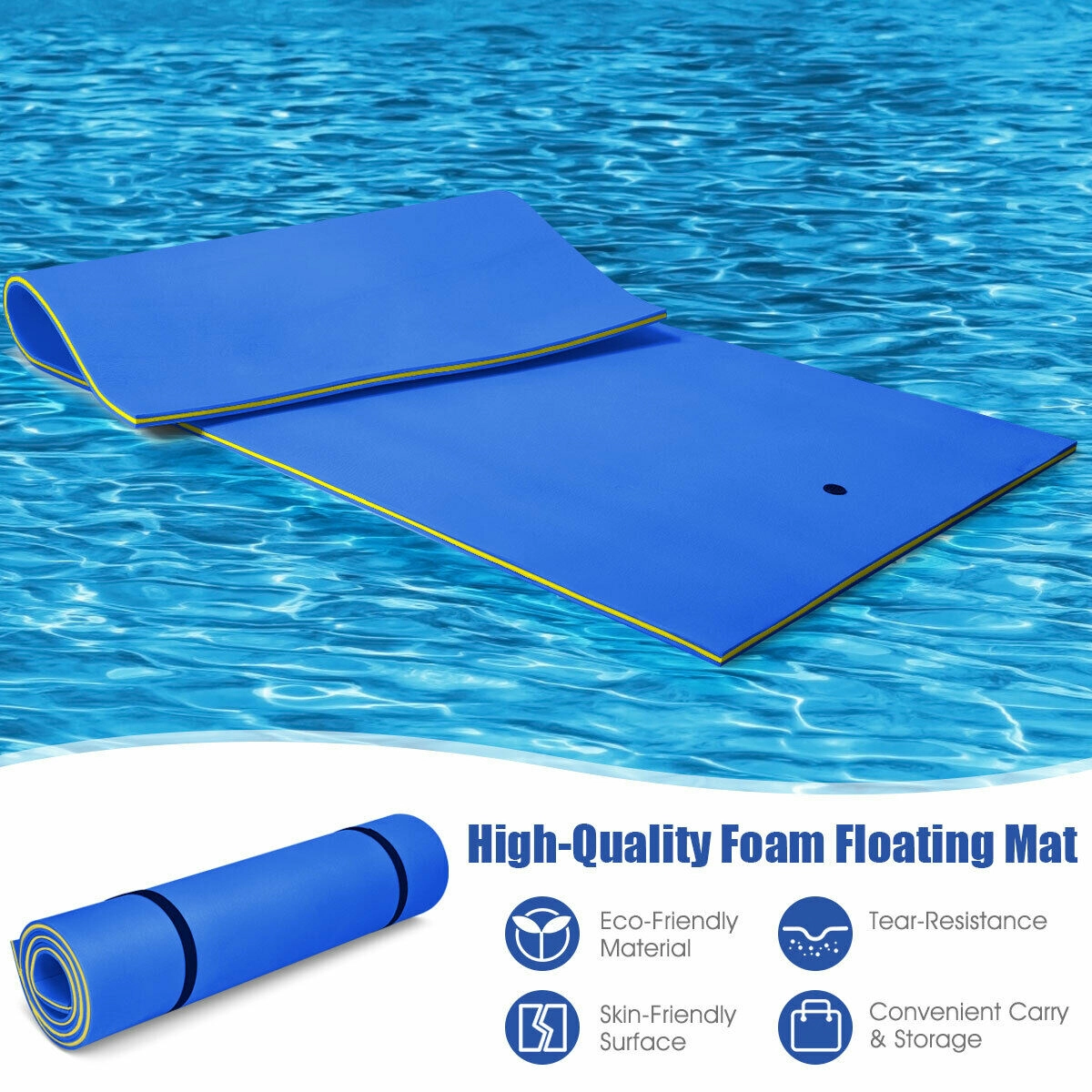 SUGIFT 12-ft x 6-ft 882-lb Capacity Blue 3-Layer XPE Foam Floating Water Pad with 13-ft Bungee Tether