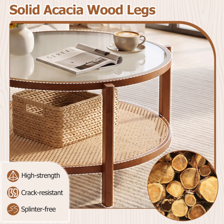 Hivvago 2-Tier Rattan Coffee Table With Frosted Tempered Glass Top And Wood Legs