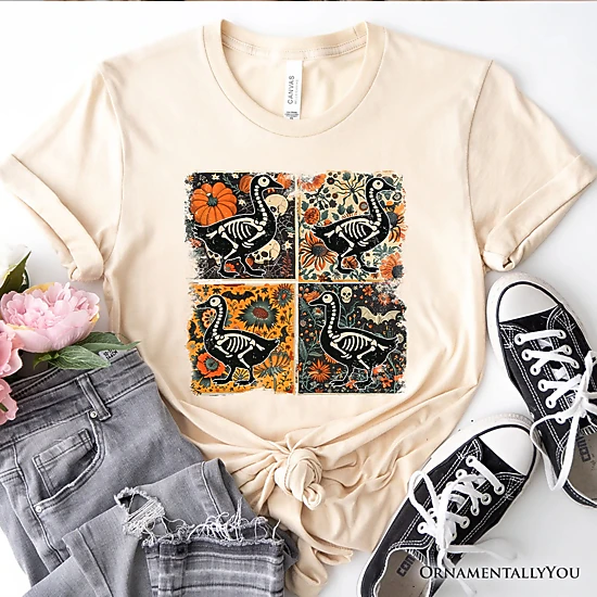 OrnamentallyYou Unisex Skeleton Goose Patchwork Floral Halloween T-Shirt