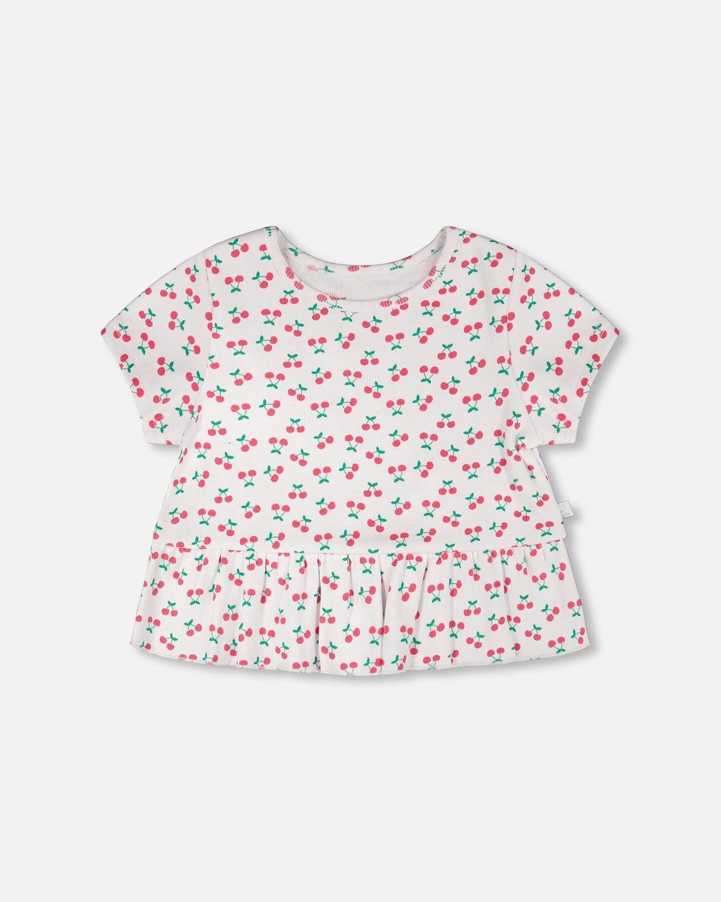 Deux par Deux Girls Rib Crop T-Shirt with Frill Printed Cheeries