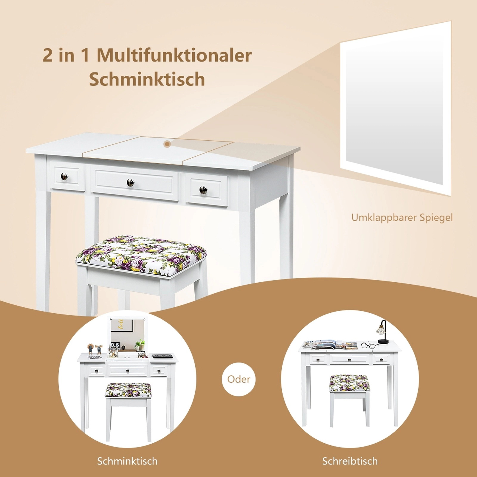 SUGIFT Flip Top Mirror Vanity Dressing Table Set with Stool 290-lb Table Capacity 250-lb Stool Capacity White