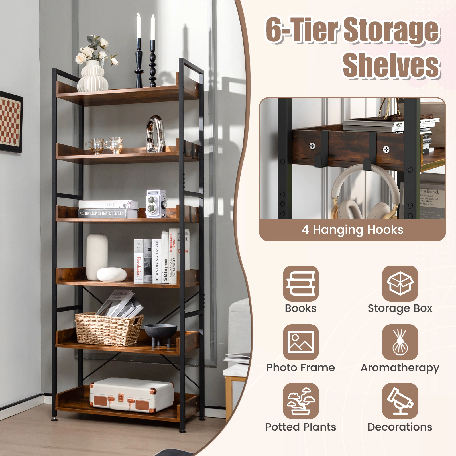 SUGIFT 6-Tier Rustic Brown 70-in Tall Industrial Bookshelf with 4 Hooks Raised Edges and 50-lb Shelves