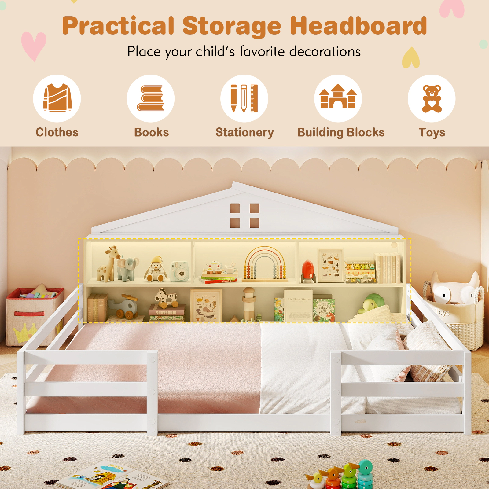 SUGIFT 2-in-1 Montessori Full Floor Bed with Storage Compartments 50-lb Compartment Capacity White/Gray/Natural