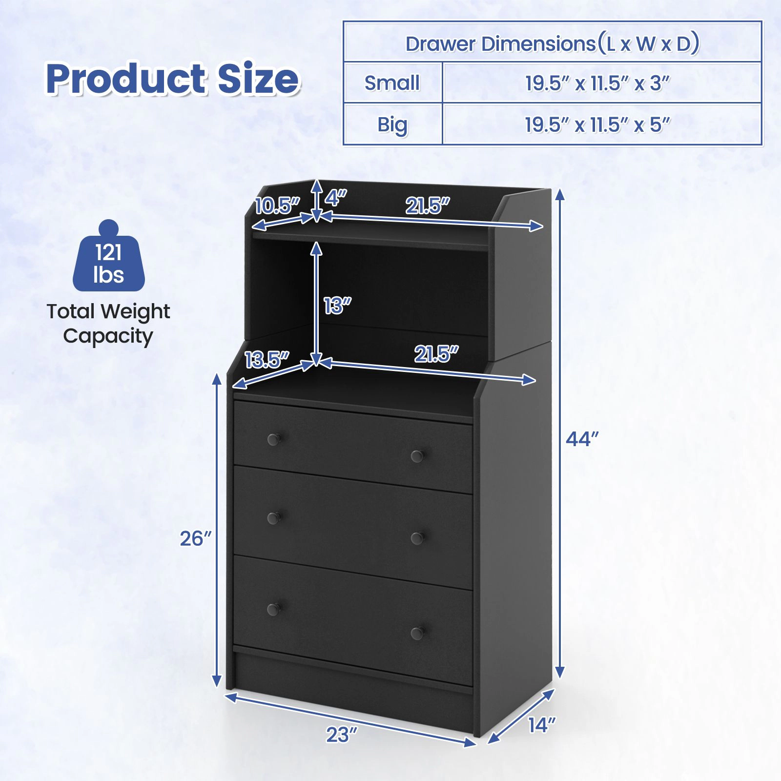 SlickBlue 3 Drawer Storage Dresser with Open Shelves for Bedroom
