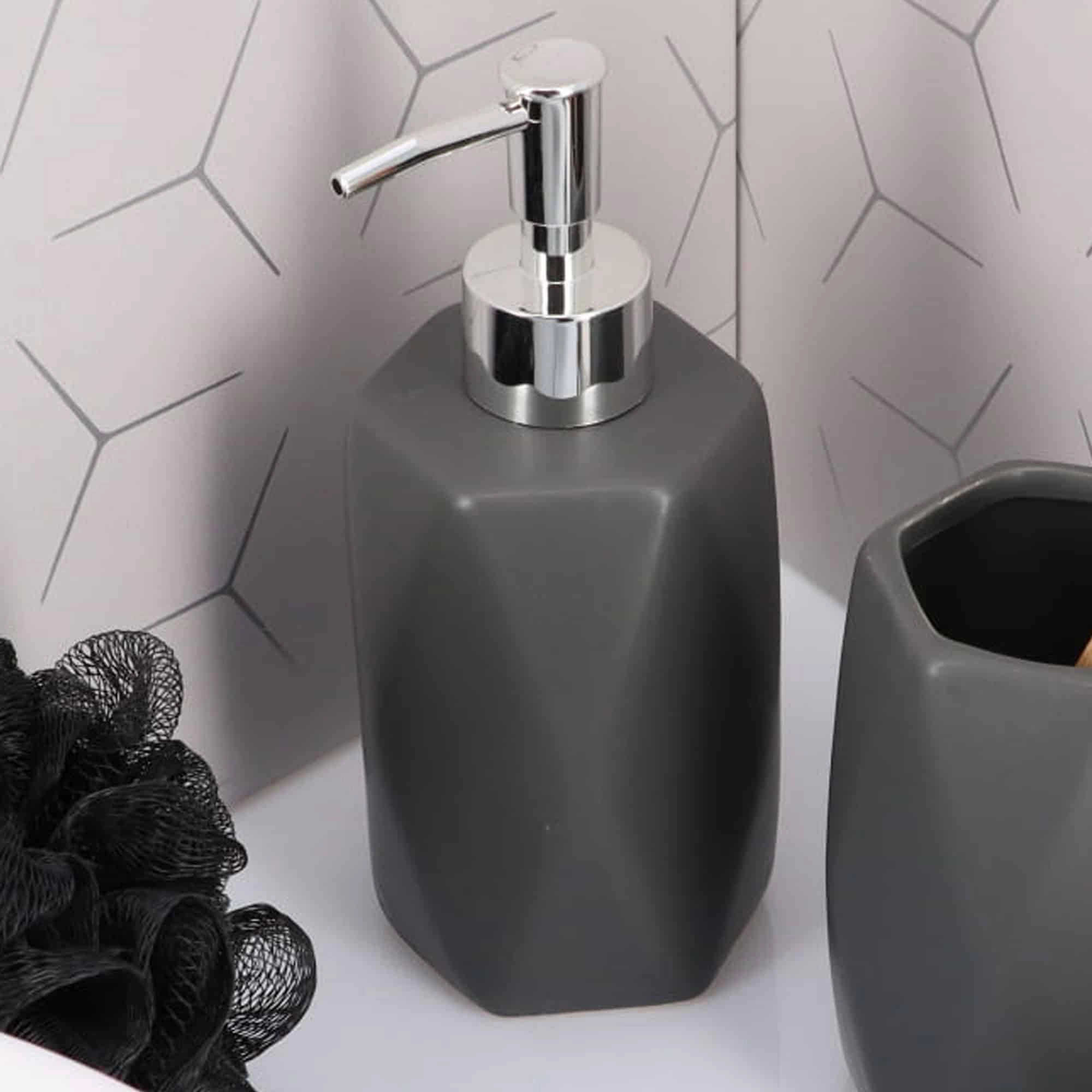 Evideco French Home Goods Diamond Faceted Stoneware Soap Dispenser, Matte Gray