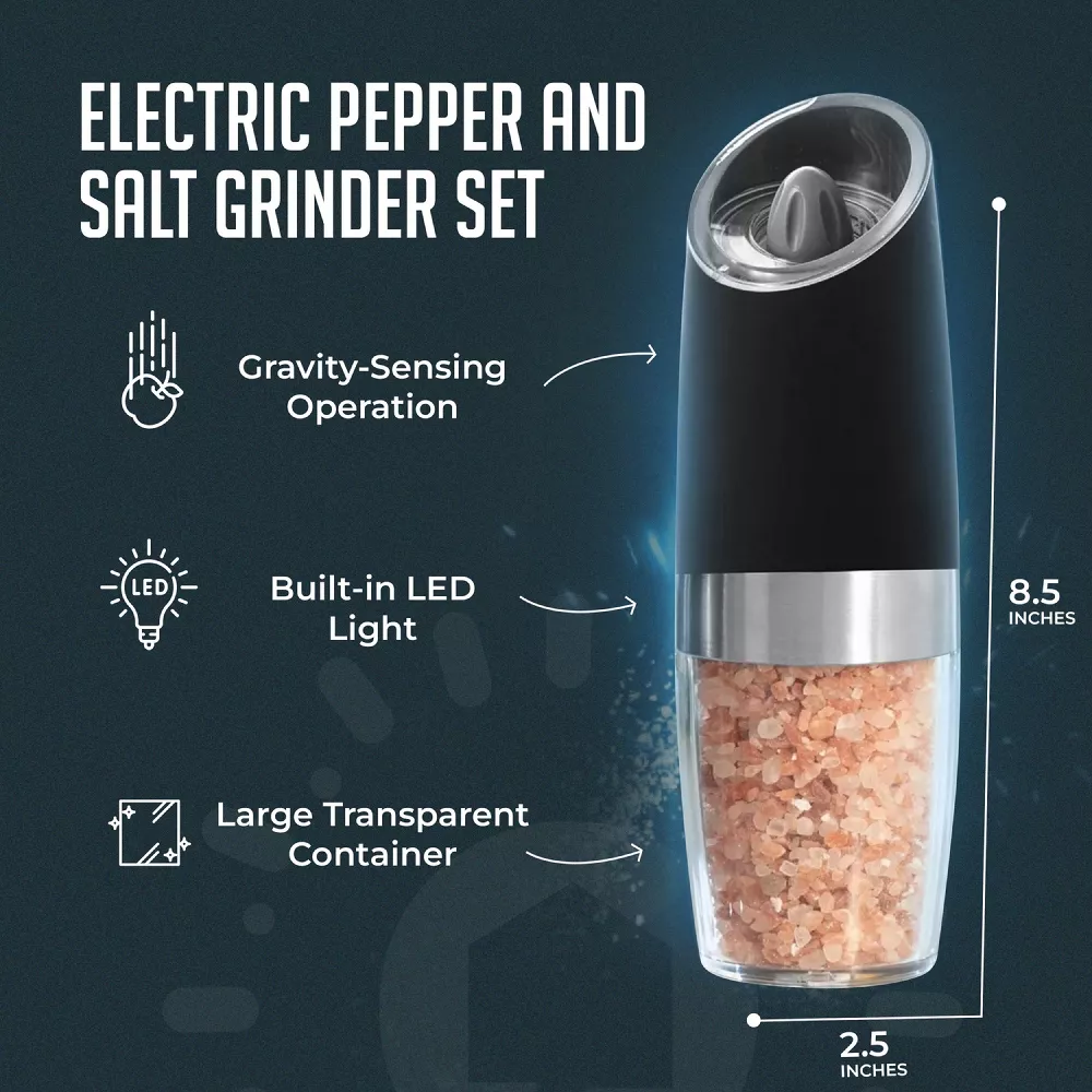 Luminuxe Gravity Electric Pepper and Salt Grinder Set – One-Handed Automatic Operation, Adjustable Coarseness, LED Light